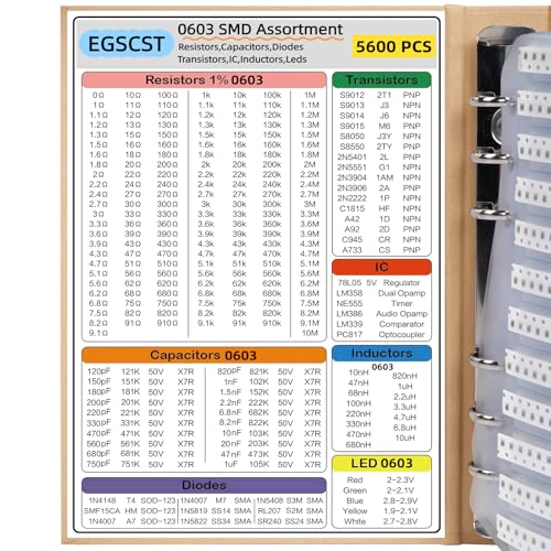 EGSCST 5600PCS 0603 SMD Resistor Kit from 0Ω to 10MΩ 1%, SMT Electronics Component Assortment Book with Resistors, Capacitors, Diodes, Transistors, IC, Inductors, LEDs Sample Books for DIY and Repair