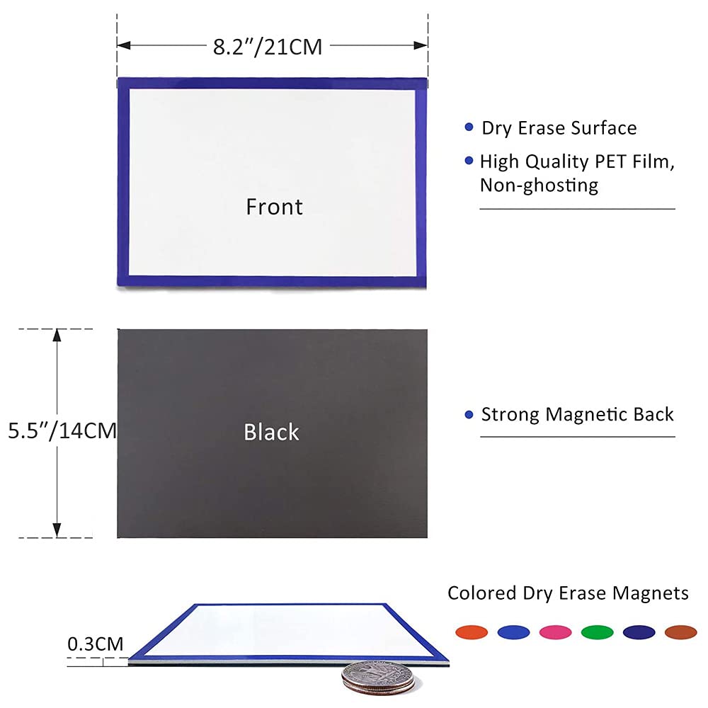 6 szt. bardzo dużych magnetycznych etykiet suchościeralnych, 20 x 14 cm wielokrotnego użytku magnetyczne karty suchościeralne do zapisywania wymazywalne magnetyczne etykiety do tablic znamionowych do domowego biura, klasy, tablicy, szafek, lodówki