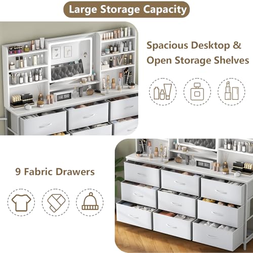Gyfimoie Dresser with Mirror for Bedroom, 59\" W Chest of Drawers with LED Mirror, White Dresser with 9 Large Fabric Drawers, Modern Makeup Table Vanity Desk with 6 Storage Shelves, 3 Lighting Modes