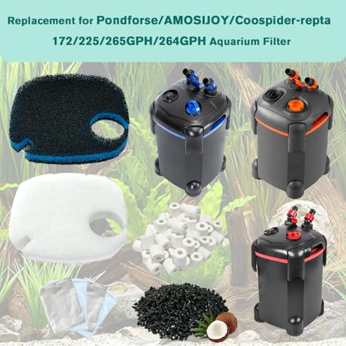 Image of 16 Pcs Fit Pondforse and AMOSIJOY 172 /225 /265GPH /264GPH Aquarium External Filter and Coospider-repta Aquarium Filter, 6 White Floss, 2 Coarse Filter Pads, 2 Coconut Shell Carbon, 2 Ceramic Rings&4 Bag