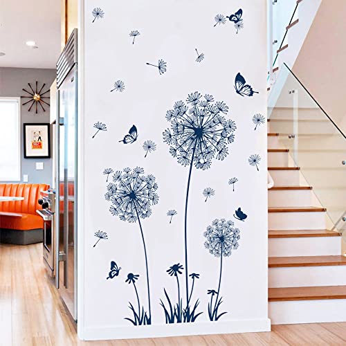 Supzone Blue Dandelion Wall Stickers Flower Wall Decals Butterflies Flying Wall Decors Wall Art Stickers For Bedroom Living Room Sofa Backdrop Tv Wall Decoration #TOP2