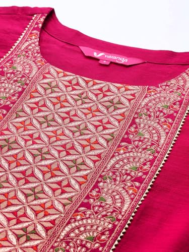 Image of Varanga Women Solid Silk Blend Kurta Trouser Set | Woven Yoke Design | 3 /4 Sleeve | Elastic Waist | Casual Wear