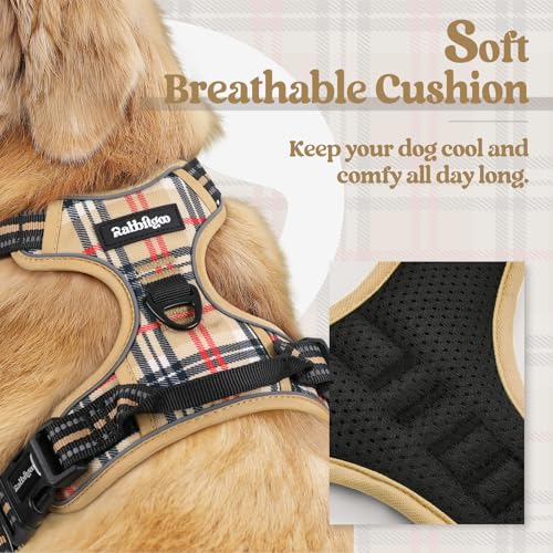 Image of rabbitgoo Dog Harness No Pull with 2 Leash Clips, Adjustable Soft Padded, Reflective Oxford No Choke Pet Vest with Easy Control Handle for Large Dogs, Beige Plaid, L