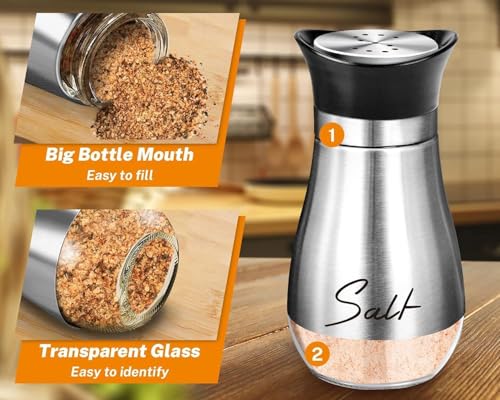 Image of Afrodite Salt and Pepper Shakers Set, Stainless Steel Salt and Pepper Sprinkler for Restaurant with Glass Bottom, Spice Dispenser Ideal for Himalayan, Kosher, Black and White Pepper (Clear + Gold)