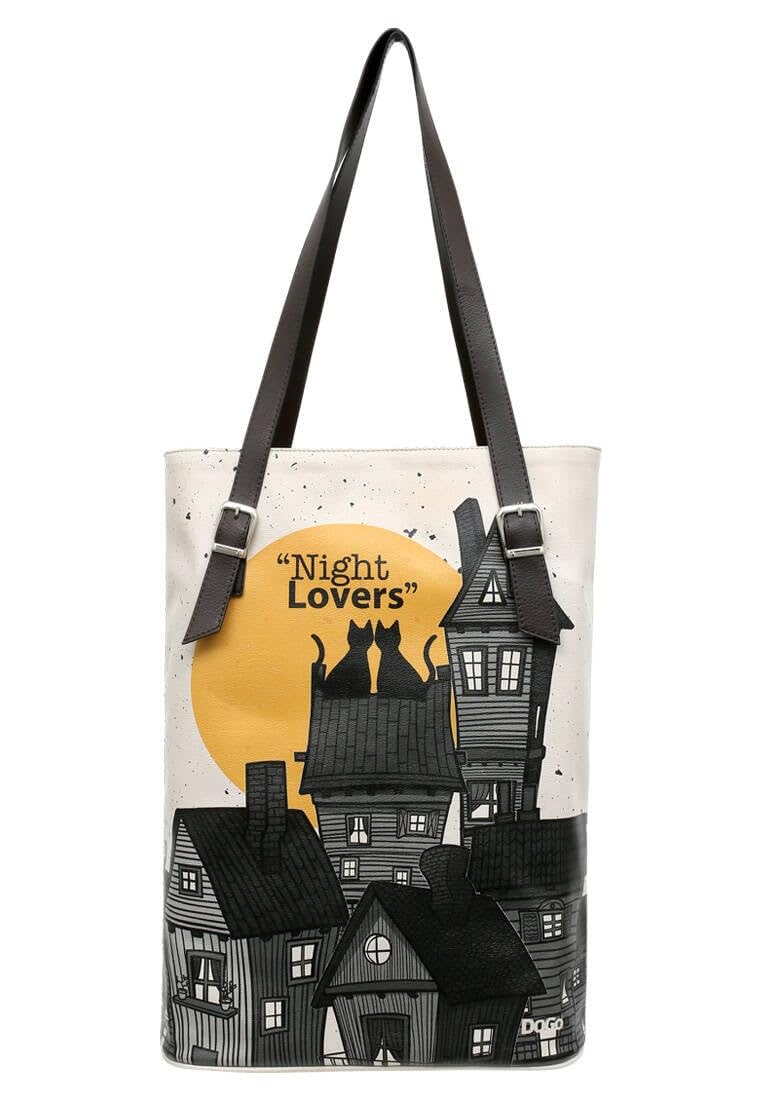 Borsa A Spalla DOGO Femme In Cuoio Vegan Nero - Motivo Night Lovers, Con Chiusura Magnetica