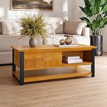 Bme Trapeze Coffee Table for Living Room Modern Wooden Center Table with Storage, Metal Legs, Large Teak Brown Coffee Table for Stylish Living Room Furniture Setup