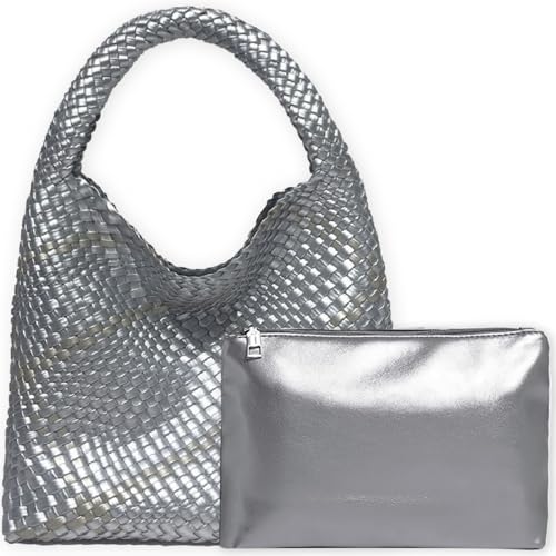 JINMANXUE Woven Tote Bag for Women, Fashion Hobo Handbag, Travel Top-handle Shoulder Bag, Beach Underarm Bag with Purse (Bright Silver&Gold)