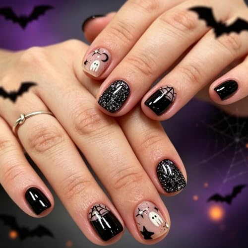 Black Halloween Press on Nails Glitter - Short Square Fake Nails