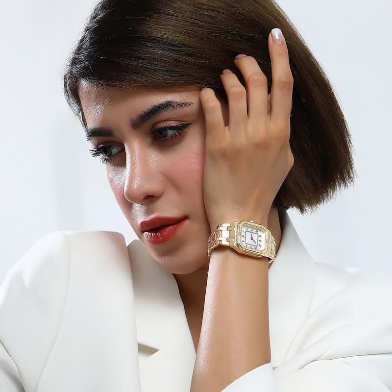 Image of Haute Sauce Women's The Torque Roman Square Watch | California Gold Stainless Steel Strap | Ivory White Dial | One-Size | Foldover Closure | Quartz | Analogue | Wrist Belt Watch for Female and Girls