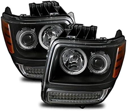 Black Projector Headlights Assembly Set with CCFL Halo For Dodge Nitro - (Pair) Driver Left and Passenger Right Side Replacement Headlamp