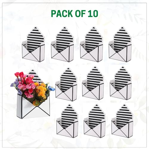 Image of Oasis Pack of 10 Folding Envelope Boxes - Eco-Friendly Flower Gift Bags for Bouquets, Florist Supply, Floral Arrangements Gift Hampers - Paper Bouquet Boxes for Rakhi, Birthday, Diwali, Wedding, Party & More - Black White