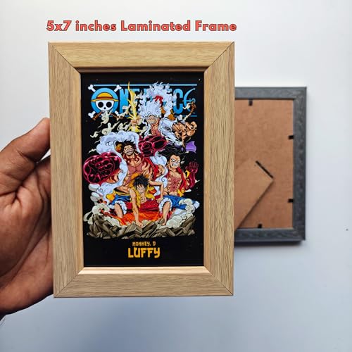 Image of TenorArts Luffy Gift Box One Piece Merchandise for Fans - 5x7 Inches Laminated Photo Frame,1 Luffy Keychain, 1 Badge, 4 4x6 inches One Piece Posters, 7 Multi sized Stickers - 5 items in 1 Box | Perfect for Gifting Anime Fans