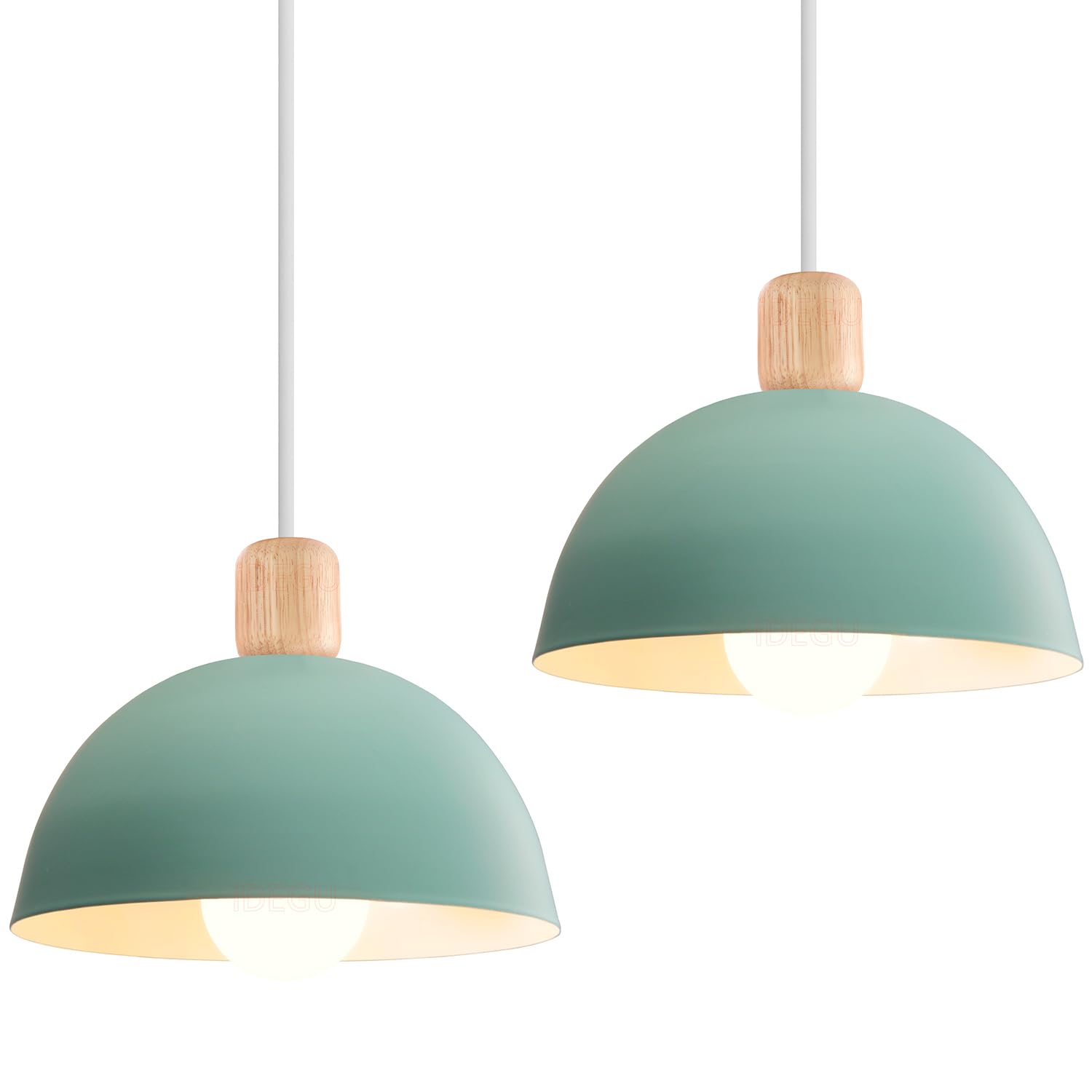 Idegu 20Cm, Green Set Of 2 Retro Pendant Light Fixtures E27 Ceiling Light Modern Scandinavian Style 20Cm Hemisphere Hanging Lampshade Metal Wood Pendant Light For Bedroom Dining Room Kitchen Restaurant (Green)