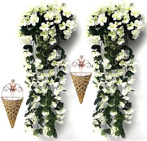 2 Pcs Artificial Hanging Baskets Outdoor With Flowers, Hanging Baskets With Flowers For Garden Wall Fence Wedding Balcony Outdoor Inside Door Decoration,White
