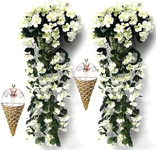 2 Pcs Artificial Hanging Baskets Outdoor With Flowers, Hanging Baskets With Flowers For Garden Wall Fence Wedding Balcony Outdoor Inside Door Decoration,White