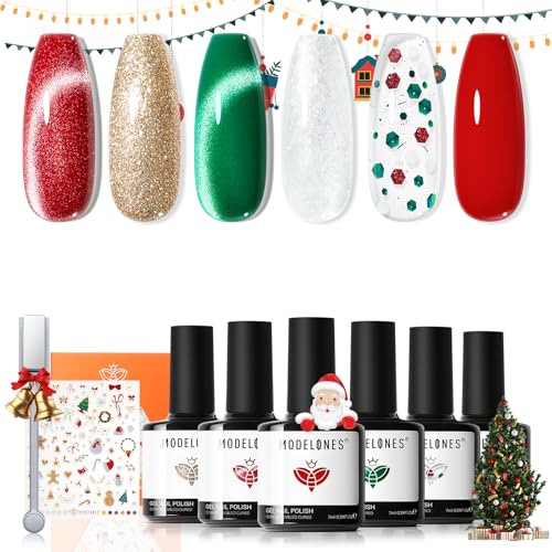 modelones Christmas Gel Nail Polish Set 6 Colors Cat Eye Red Green Glitter Gold Silver Winter Gel Polish Kit with Magnet Nail Stickers Soak Off Led Nail Art Manicure Salon DIY New Year Holiday Gifts