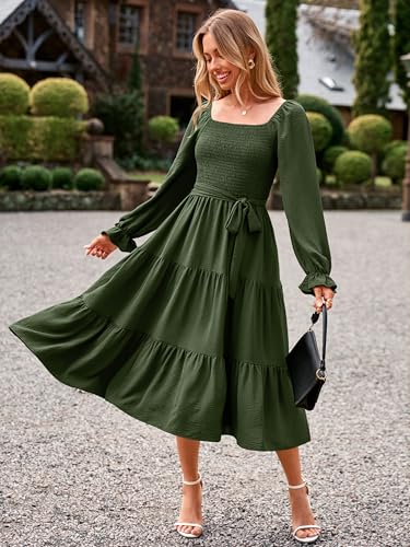 Image of Simplee Womens Long Sleeve Maxi Dress Casual Square Neck Smocked Flowy Fall Wedding Guest Dresses