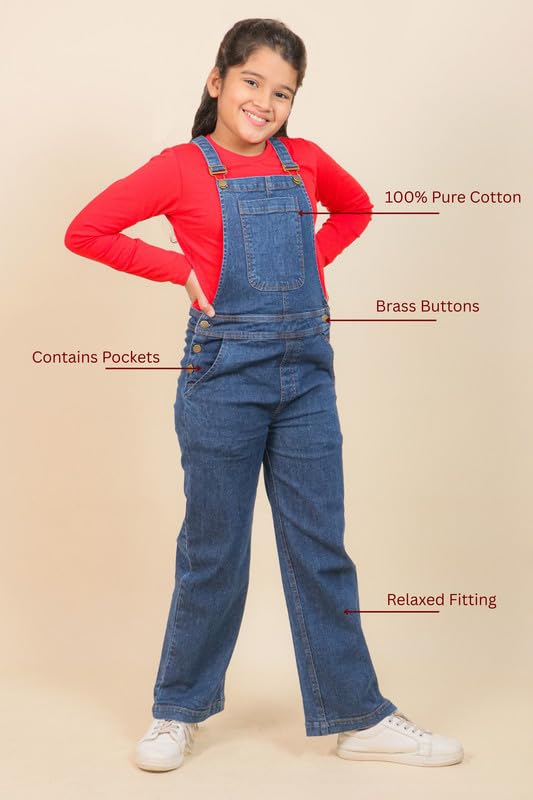 Image of Tweeny Mini Girls Pure Cotton Denim Dungaree for Kids | Relaxed Fit Full Length Overall Outfit with Pockets | Adjustable Straps