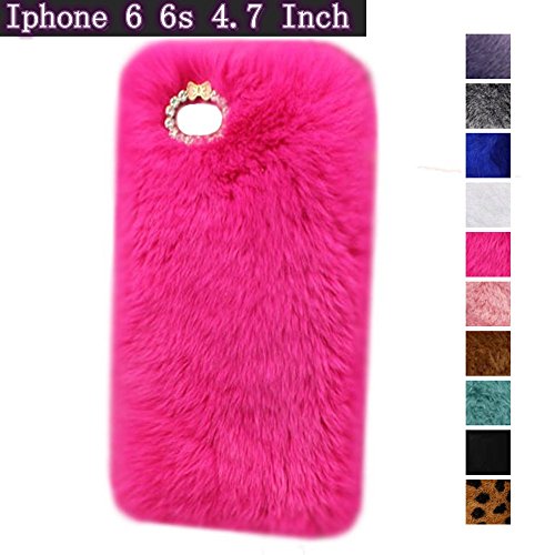 iPhone 6 6s Case, Fast Jewelry? Bling Crystal Rhinestone Design Fashion Colour Fluffy Soft Genuine Rex Rabbit Fur Winter Warm Case for Apple iPhone 6 4.7 Inch - Rose Red