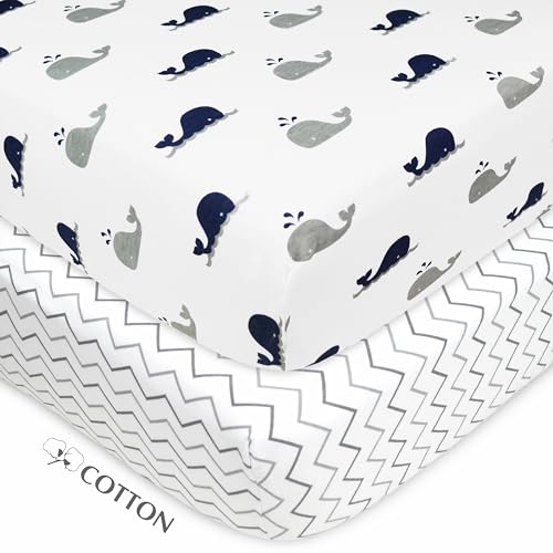 Image of American Baby Company 2 Pack Fitted Crib Sheets 52x28 inch, Navy Whale / Zigzag | 100% Natural Cotton Crib and Toddler Bed Sheets, Soft, Breathable & Hypoallergenic, Gentle on Skin, Neutral for Boys & Girls