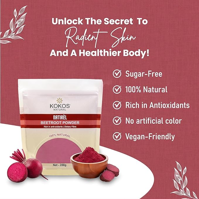 Image of Kokos Natural Beetroot Powder - 200 Gm (Pack of 3) | Natural, Rich in Antioxidants, Improves Blood Flow & Exercise Performance | Use in Soups, Curries, Dips, Smoothies, Pancakes | Natural Food Colour