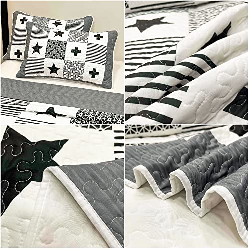 Boho Quilt Set Queen Size Grey White Geometric Cross Stars Reversible Quilted Bedspread Coverlet Set 3-Piece Lightweight Comforter Stitched Bedding Set Bed Sheet Cover Blanket With 2 Pillow Shams #TOP5