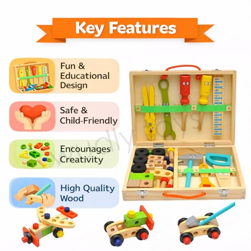 Image of WUDLY Wooden Tool Box Set for Kids | Montessori Construction & Building Toy with Tools, Nuts & Bolts | Pretend Play DIY Kit | Educational Gift for Boys & Girls (3+ Years)