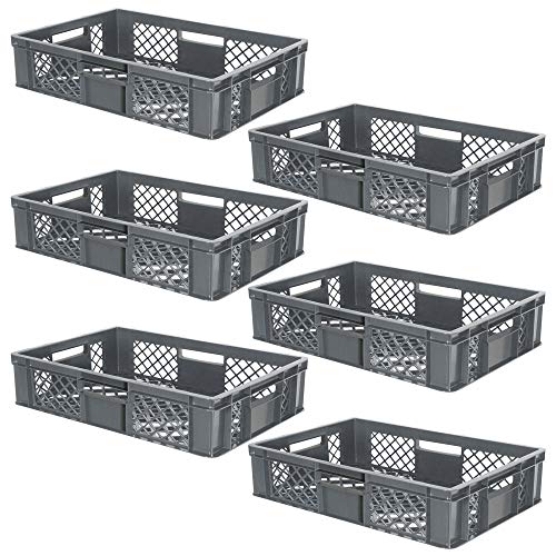 lot de 6 Bac gerbable normes Europe à parois et fonds ajourés - L x l x h 600 x 400 x 150 mm - gris