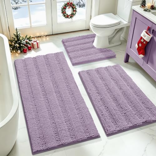 ACCUMTEK Striped Lavender Bathroom Rug Set 3 Pieces Ultra Soft, Non Slip Chenille Toilet Mat, Absorbent Plush Shaggy Bath Mats for Bathroom, Bedroom, Kitchen, Mauve