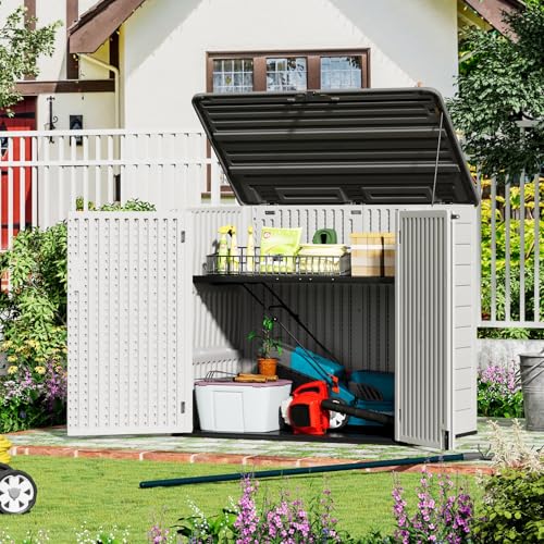 Image of ZZM Large Outdoor Storage Shed, 48 Cu Ft Resin Versatile Storage Cabinet for Patio Accessories, Trash Cans & Garden Tools, Durable Horizontal Storage Box with Lockable Lid (White)