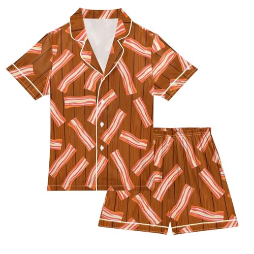 Satin Pajama Sets Short Sleeve Bacon Strips Wood Background Button Down Silky Nightwear 2 Piece PJS 5-14Y