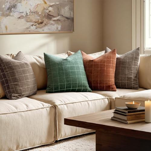 Image of MIULEE Burnt Orange Plaid Decorative Throw Pillow Covers 22x22 Set of 2 | Vintage Check Chenille Couch Pillows Neutral Boho Farmhouse Cushion Covers Modern Home Decor for Sofa Bed Living Room