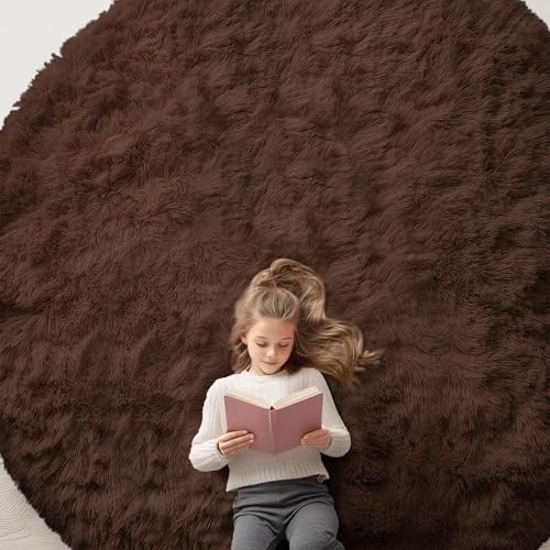 OLANLY Coffee Round Rugs for Bedroom - Machine Washable, 9 ft Circle Area Rugs for Living Room, Soft and Fluffy Shaggy Carpet for Teen Girls and Boys, Nursery Rooms, Dorms, Home Decor Aesthetic