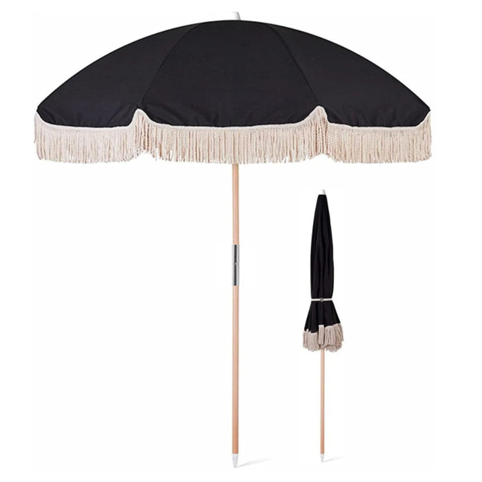 HEBEHO Tassel Beach Umbrella 7ft,Gothic Black Holiday Umbrella,Portable Garden Parasol,UV Protection,Outdoor Sun Shade Umbrella for Balcony,Deck,Patio