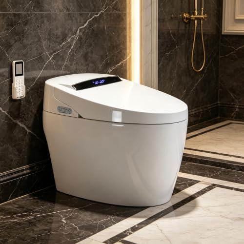 Inodoro inteligente moderno con bidet integrado, inodoros japoneses sin tanque para baños, tapa automática abatible, secador y descarga por pies y asiento, color blanco