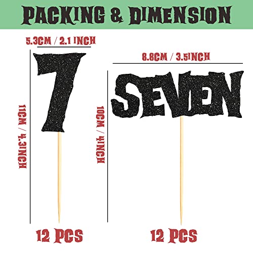 Sumerk 24Pcs 7Th Birthday Cupcake Toppers Black Glitter Happy 7Th Cake Decorations For 7Th Birthday Wedding Anniversary Party Decoration Supplies #TOP1