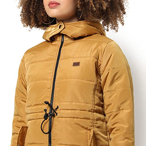 Image of Campus Sutra Women Mustard Hooded Puffer Regular Fit Bomber Jacket For Winter Wear | Standing Collar | Full Sleeve | Zipper | Casual Jacket For Woman & Girl | Western Stylish Jacket For Women