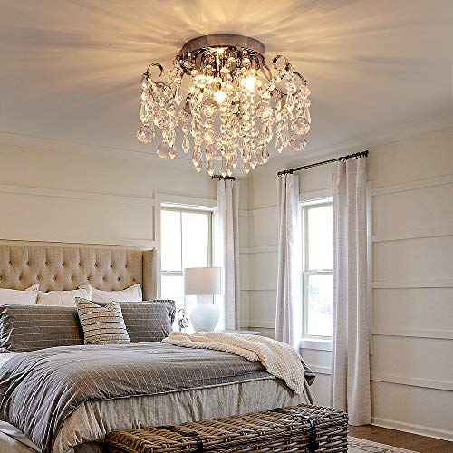 Q&S Small Crystal Chandelier Flush Mount Ceiling Light 3 Lights Modern Chrome Iron Raindrop Crystal Ceiling Fixture for Bedroom Hallway Closet Entryway Stairs - Image 5