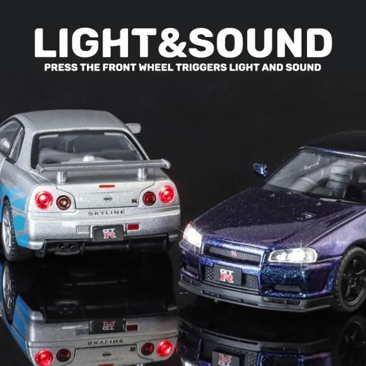 Image of 1:24 Scale Nissaan Skyline GTR-R34 Model Alloy Metal Pull Back Toy car for Kids with Openable Doors & Light, Music Toy Vehicle for Kids (1:32 Nissaan Skyline (Silver))