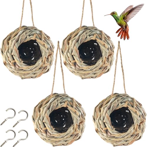 TIHOOD 4PCS 5.5inch Hanging Hummingbird Nest House for Outside Ball Shape Hand Woven Durable Sturdy Made of Natural Grass Perfect for Garden Patio Lawn Office Indoor