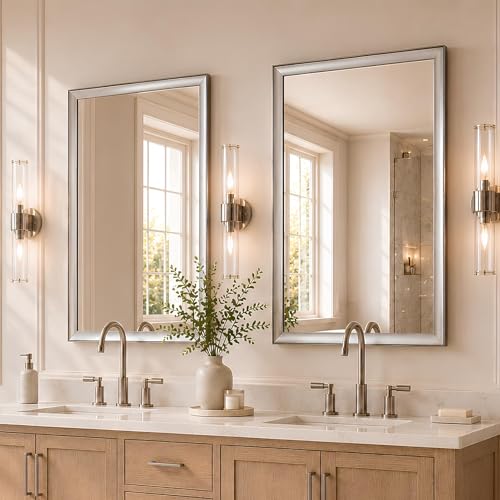 Laventis 2 Pack Brushed Nickel Bathroom Mirrors for Over Sink 24x36 Inch, 1.5' Wide Metal Frame Rectangle Vanity Mirror Set for Double Sink, HD Tempered Glass, Anti-Rust, Horizontal or Vertical