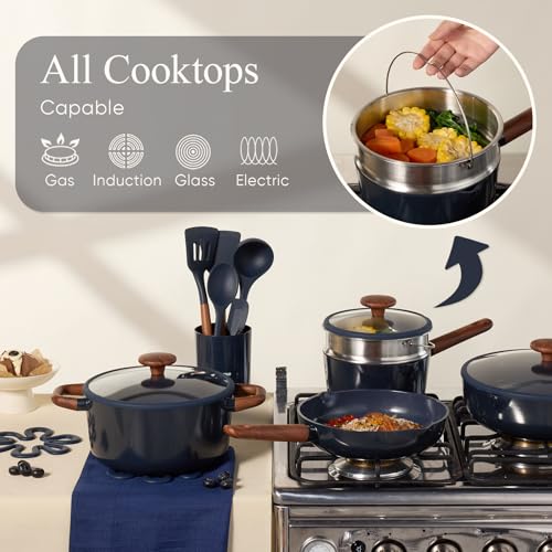 Image of CAROTE 21pcs Cookware Set Nonstick Pots and Pans Set, Ceramic Cookware Set Induction Cookware, Non toxic Healthy Non Stick Kitchen Cooking Set, PFAS PTFE Free, Blue