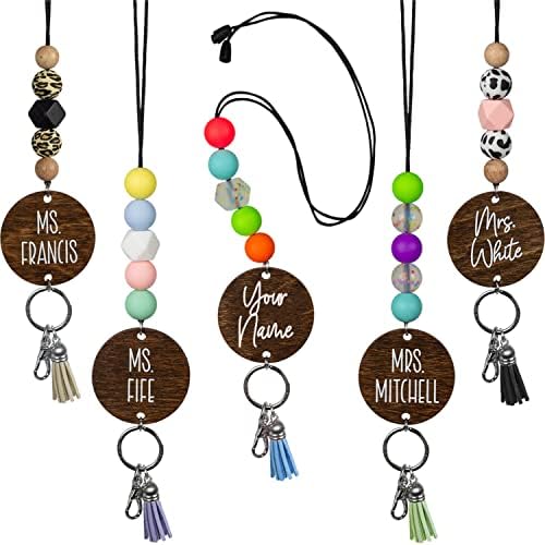 By the Graces Handmade Personalized Teacher Lanyard for Name Badges and Keys | Durable Beaded Lanyard with Breakaway Clasp | Scratch Resistant Custom Birch Wood Disc Name Tag | Cute Lanyard