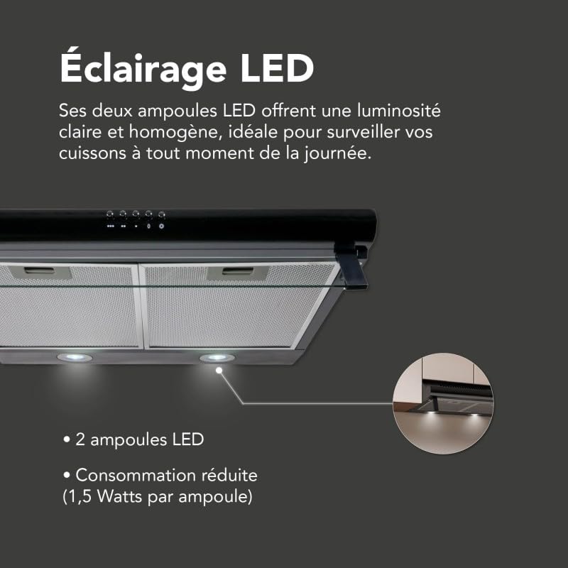 Hotte casquette visière BELDEKO 60 cm – Noir – Double moteurs – Débit jusqu’à 435 m³/h – 3 vitesses – Filtres lavables + filtre à charbon – Éclairage LED – Évacuation ou recyclage – Marque française