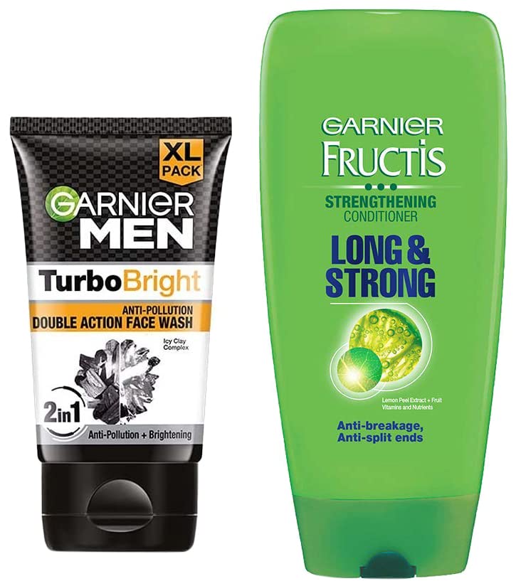 Image of Garnier Men, Face Wash, Brightening & Anti-Pollution, TurboBright Double Action, 150 g & Garnier Fructis, Conditioner for all hair types, Strengthening & Repairing, Long & Strong, 175ml