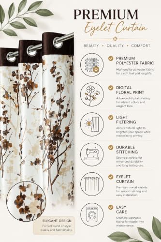 Image of 6 Feet Polyester Floral Light Filtering Window Curtains for Bedroom, Living Room & Hall, Eyelet Top, Coffee Print Curtain Set of 2