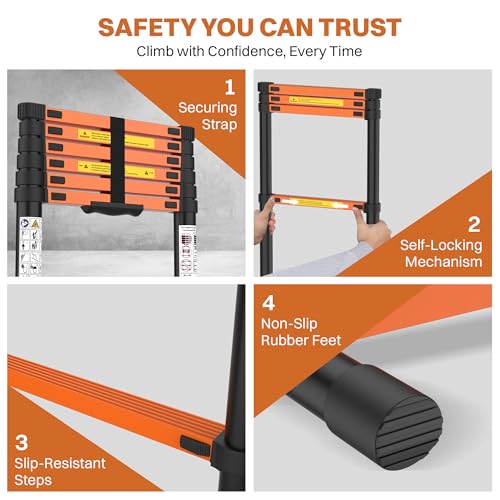 Image of BonKaso Telescopic Ladder, 2M / 6.5Ft, 7 Steps - Heavy-Duty Foldable Alloy Steel Ladder | Anti-Slip, 150kg Load Capacity, Rustproof & EN131 Certified - Matt Black & Orange