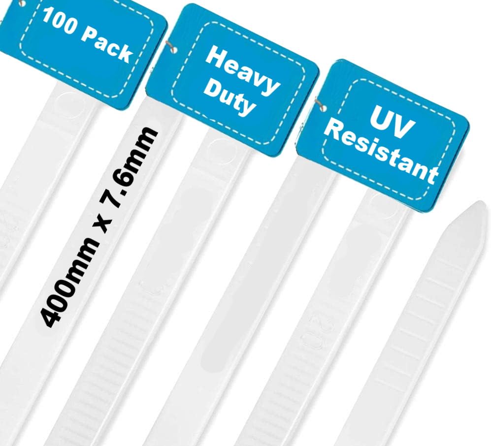 Cable Ties,400mm×7.6mm Heavy Duty with 70 kg Tensile Strength Large UV Resistant Strong Nylon Cable Zip Ties(100 Pieces),White