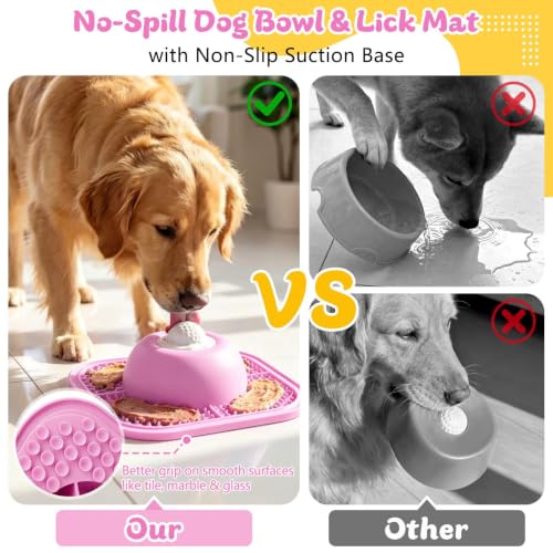 Image of Slow Feeder Dog Bowls & Lick Mat for Liquid and Thick Treat, Anti-Slip Dog Lick Bowl with Interactive Rolling Ball, 5 /6 Cup Pup Licking Toy for Large Medium Small Dogs and Cats Pink