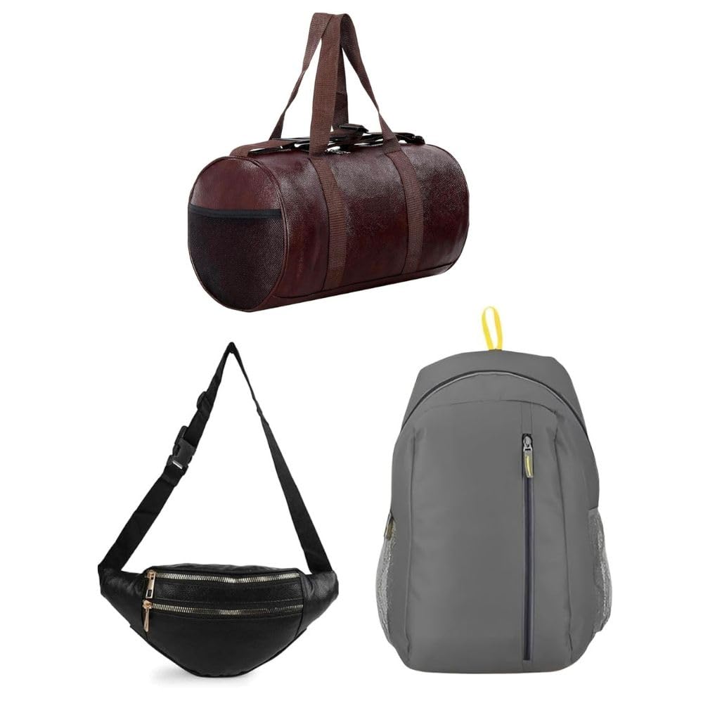 3 PCS Bag Combo for Men & Women – Gym Duffle, Backpack & Waist Bag | Waterproof Lightweight Multi Pocket Travel, Sports, Office & College Bags (Brown,Grey, Black)-image-41